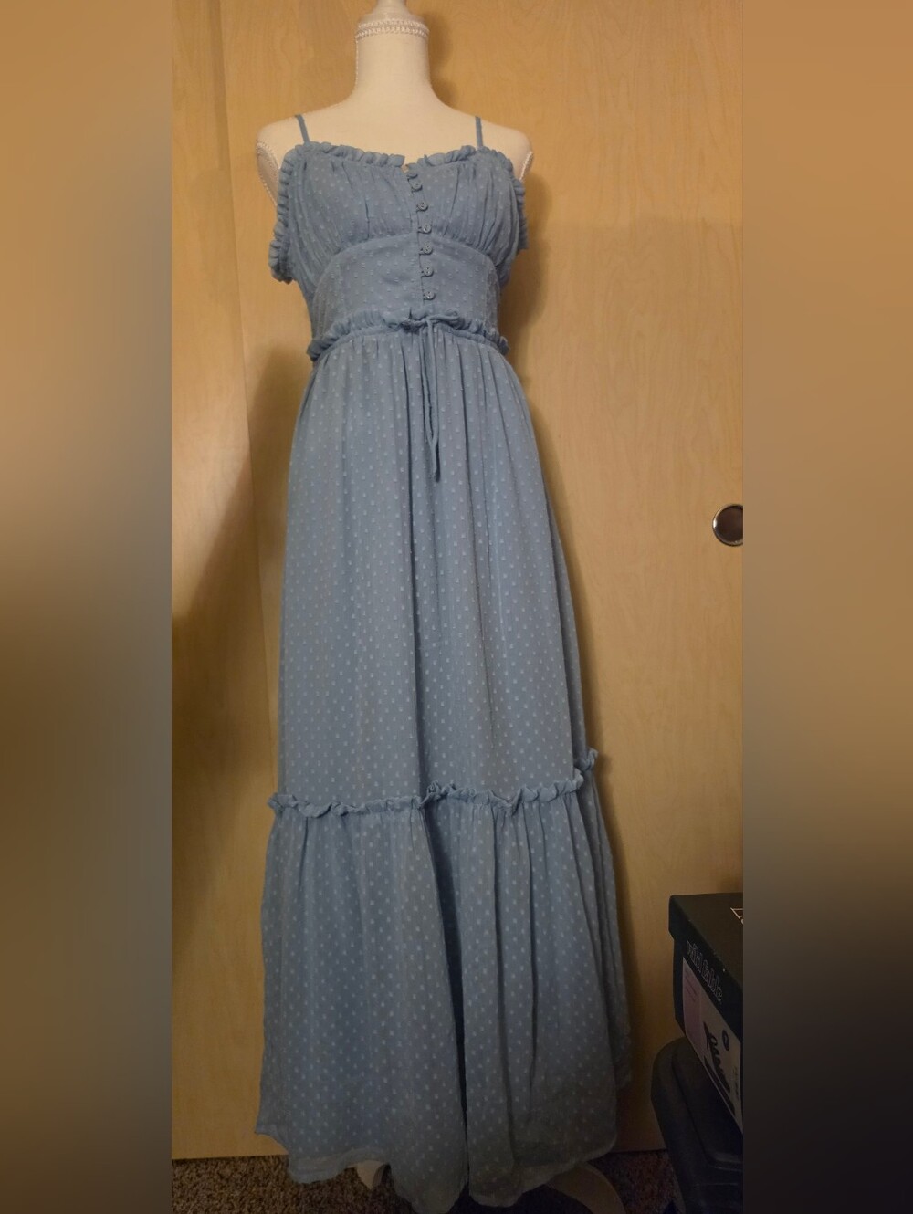 Patrons of Peace Blue Swiss Dot Tiered Maxi Dress - Size M